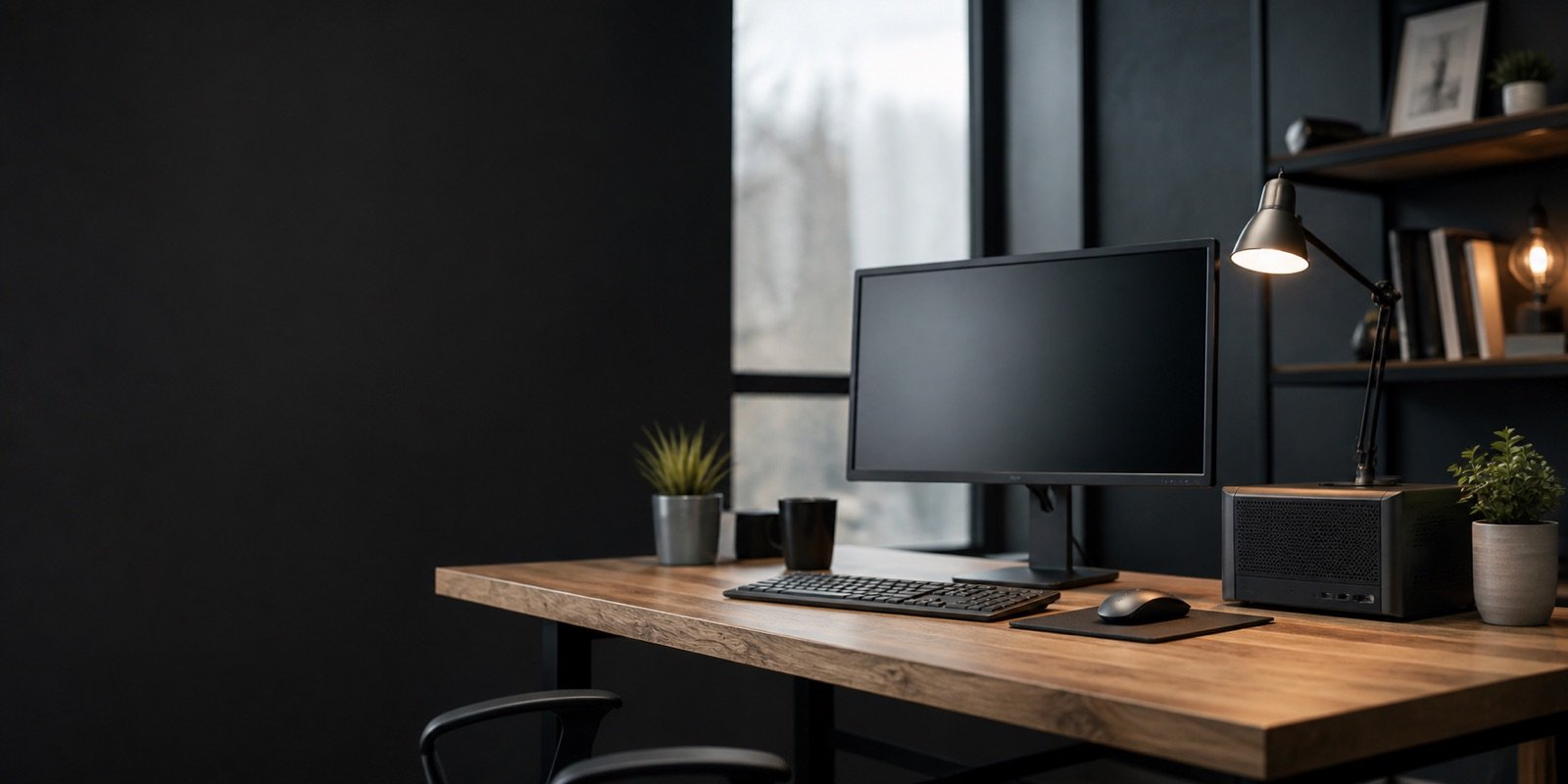 A calm, modern office workspace with a computer and desk lamp